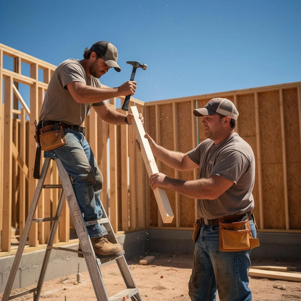 Two construction workers framing a wood-frame structure in the El Paso desert, sawdust in the air