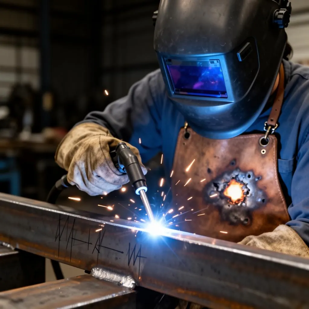 TIG welder laying down a bead on structural steel, arc light reflecting off auto-darkening helmet